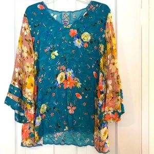 Johnny Was Boho Flower-Print Tunic Blouse - Size S